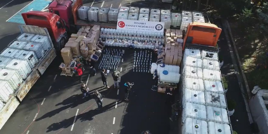 (HAVADAN FOTOĞRAFLARLA) İSTANBUL'DA ELE GEÇİRİLEN 250 TON SAHTE İÇKİ SERGİLENDİ (1)