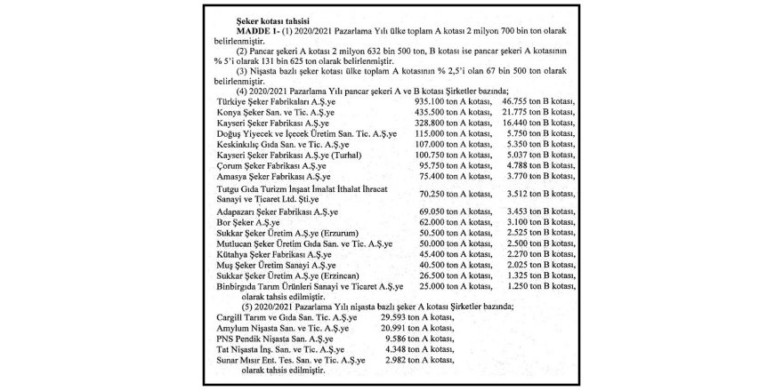 RG - PANCAR ŞEKERİ KOTASI 2.7 MİLYON TON OLARAK BELİRLENDİ