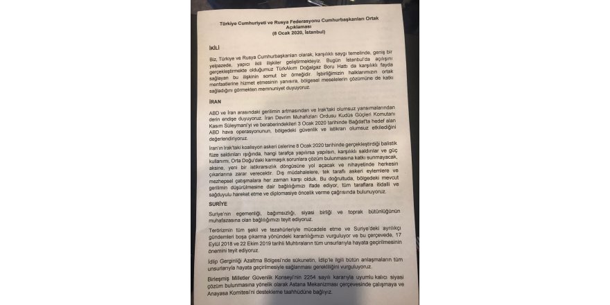 ERDOĞAN VE PUTİN'DEN ORTAK YAZILI AÇIKLAMA