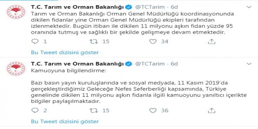 BAKANLIK AÇIKLADI: 11 MİLYON FİDANIN YÜZDE 95'İ TUTTU