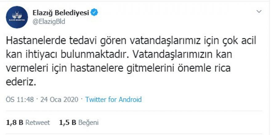 Elazığ Belediyesi’nden Acil Kan Çağrısı