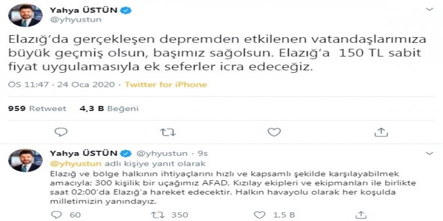 Thy’den Deprem Sonrası Elazığ’a Ek Seferler