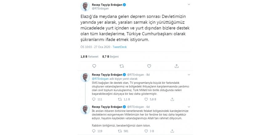 CUMHURBAŞKANI ERDOĞAN'DAN DEPREM YARDIMLARINA TEŞEKKÜR AÇIKLAMASI