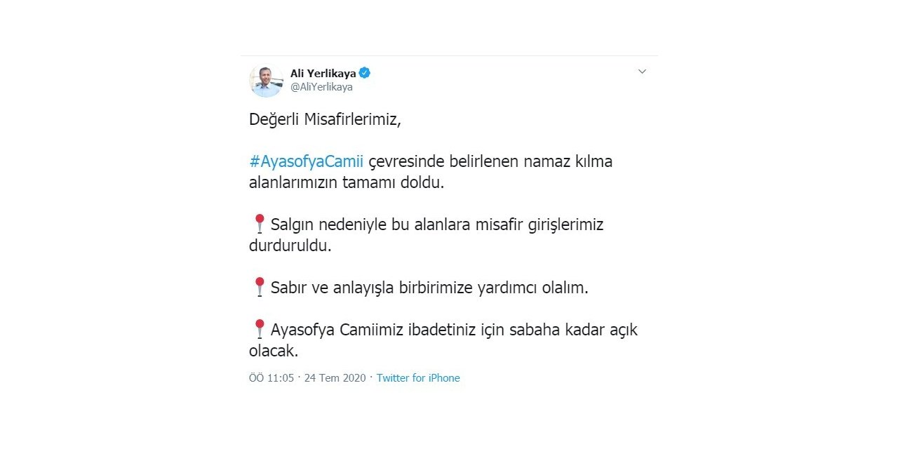 Vali Yerlikaya Duyurdu: Ayasofya Camii Çevresinde Namaz Kılma Alanları Doldu