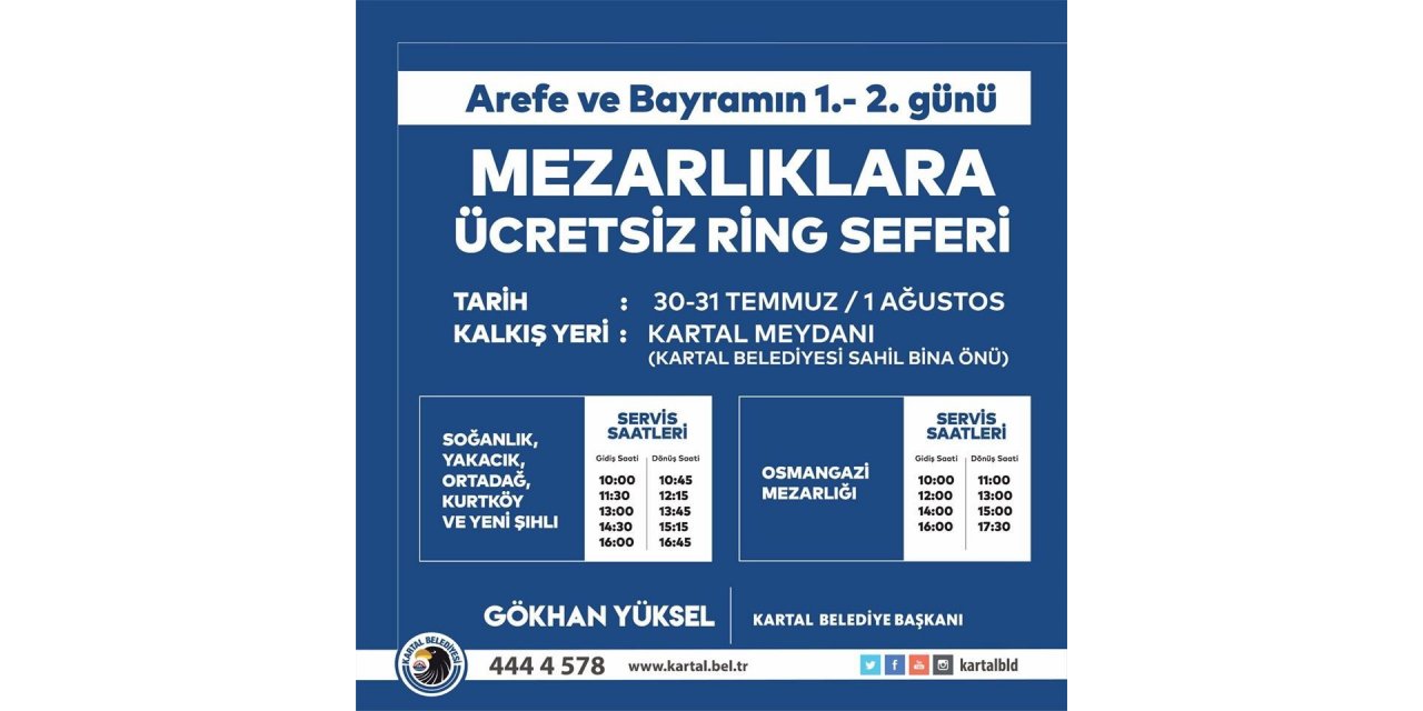 Kartal Belediyesinden Kurban Bayramı’nda Mezarlıklara Ücretsiz Ulaşım