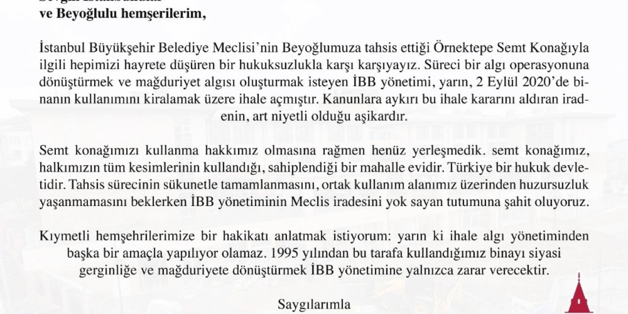 Beyoğlu Belediyesinden Örnektepe Semt Konağı Açıklaması