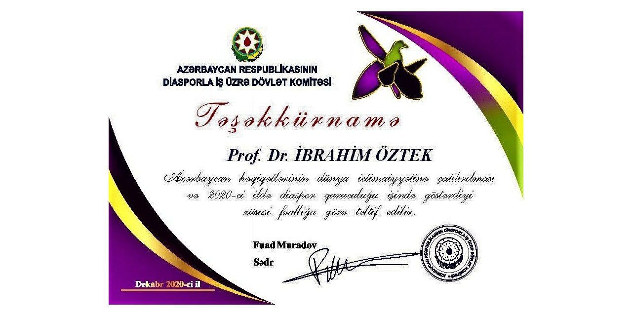 Prof. Dr. İbrahim Öztek’e Azerbaycan’dan “teşekkürname”