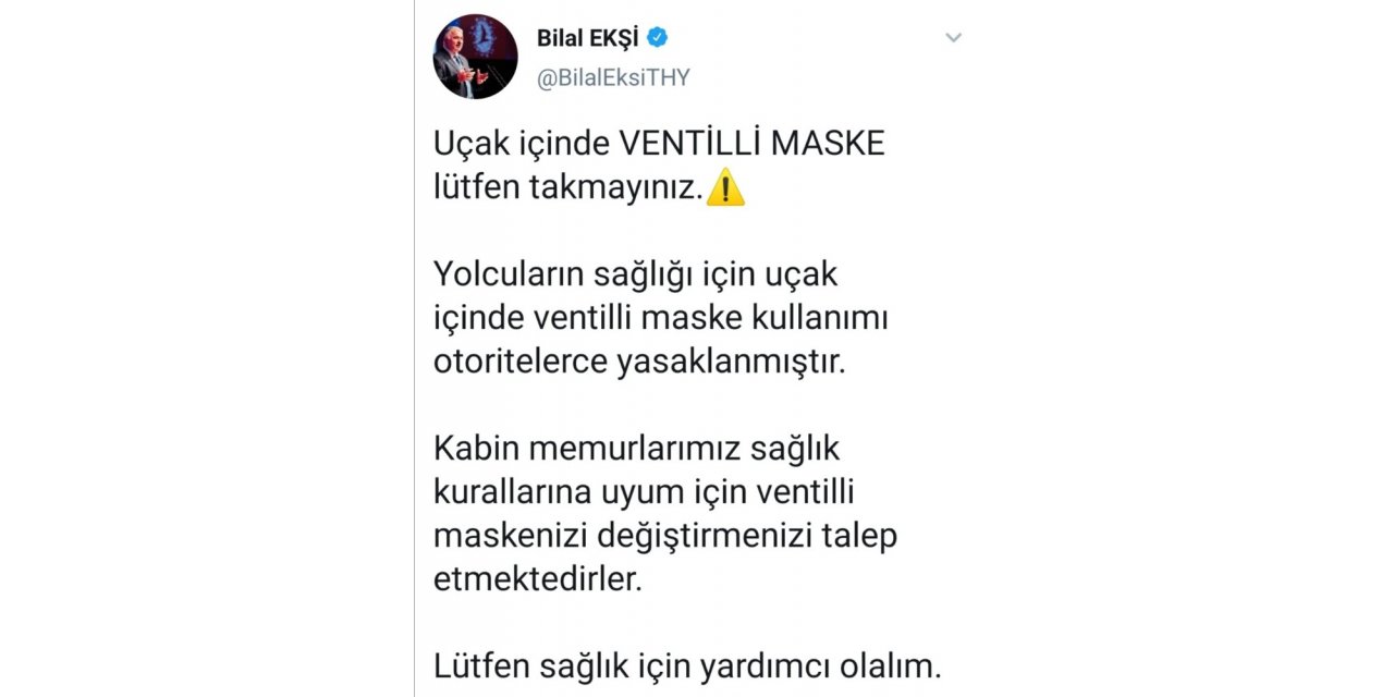 Thy Genel Müdürü Bilal Ekşi’den Yolculara ’ventilli Maske’ Uyarısı