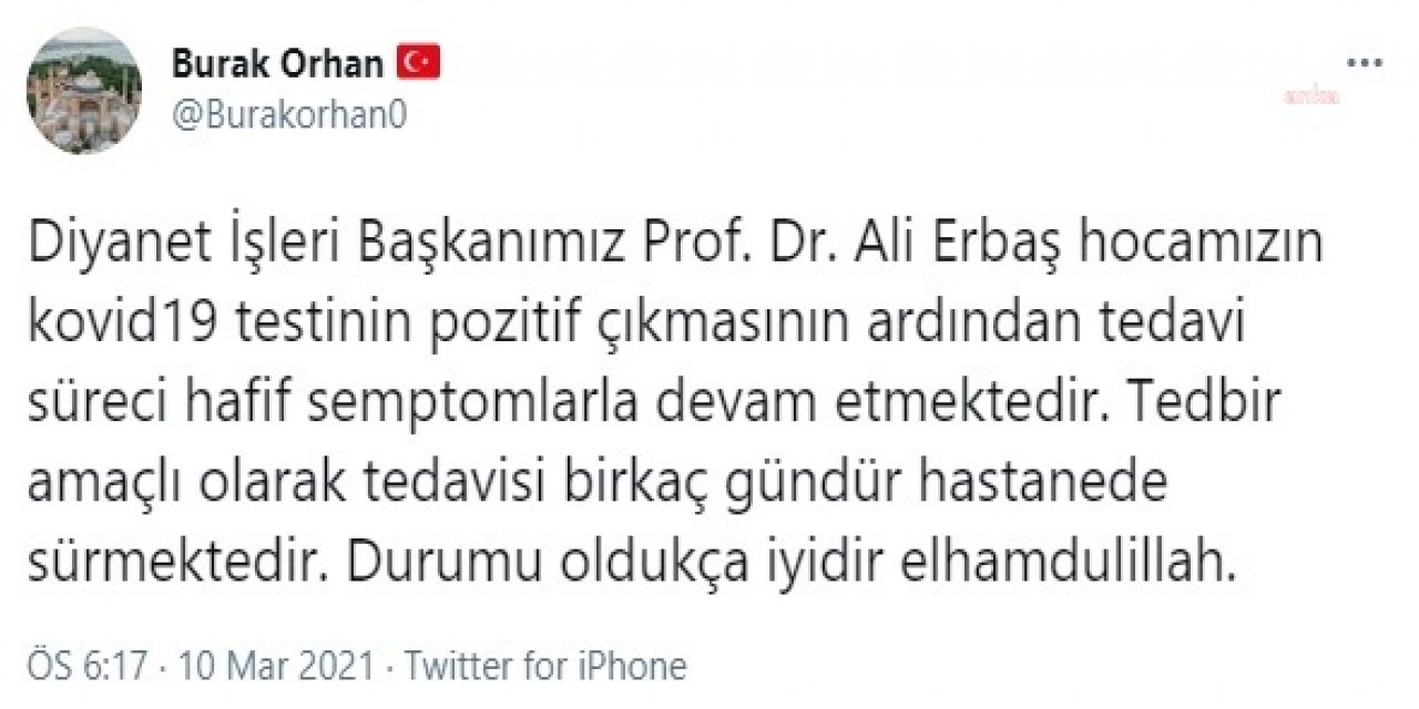 DİYANET İŞLERİ BAŞKANI ALİ ERBAŞ'IN KORONAVİRÜS TEDAVİSİ HASTANEDE DEVAM EDİYOR