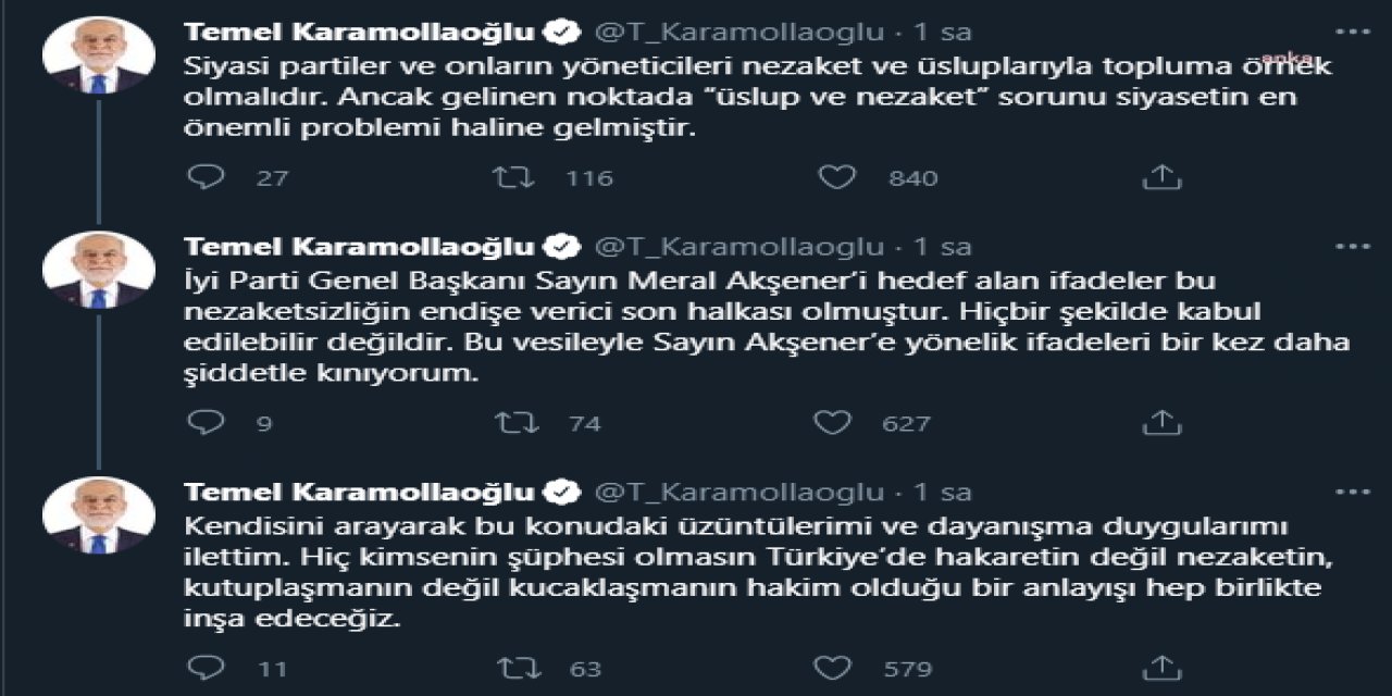 AKŞENER'E YÖNELİK HAKARETLERİ KINAYAN KARAMOLLAOĞLU: "ÜSLUP VE NEZAKET SORUNU SİYASETİN EN ÖNEMLİ PROBLEMİ"