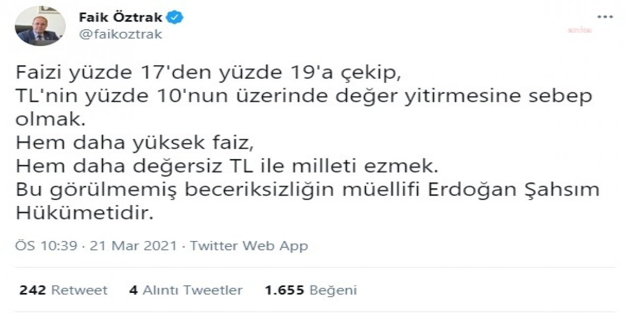 CHP SÖZCÜSÜÖZTRAK'TAN TL'NİN DEĞER KAYBETMESİNE TEPKİ: "BU GÖRÜLMEMİŞ BECERİKSİZLİĞİN MÜELLİFİ ERDOĞAN ŞAHSIM HÜKÜMETİDİR"
