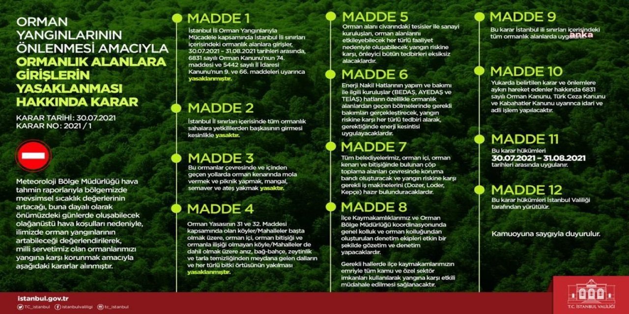 İSTANBUL VALİLİĞİ, ORMANA GİRİŞLERİ BİR AY SÜREYLE YASAKLADI