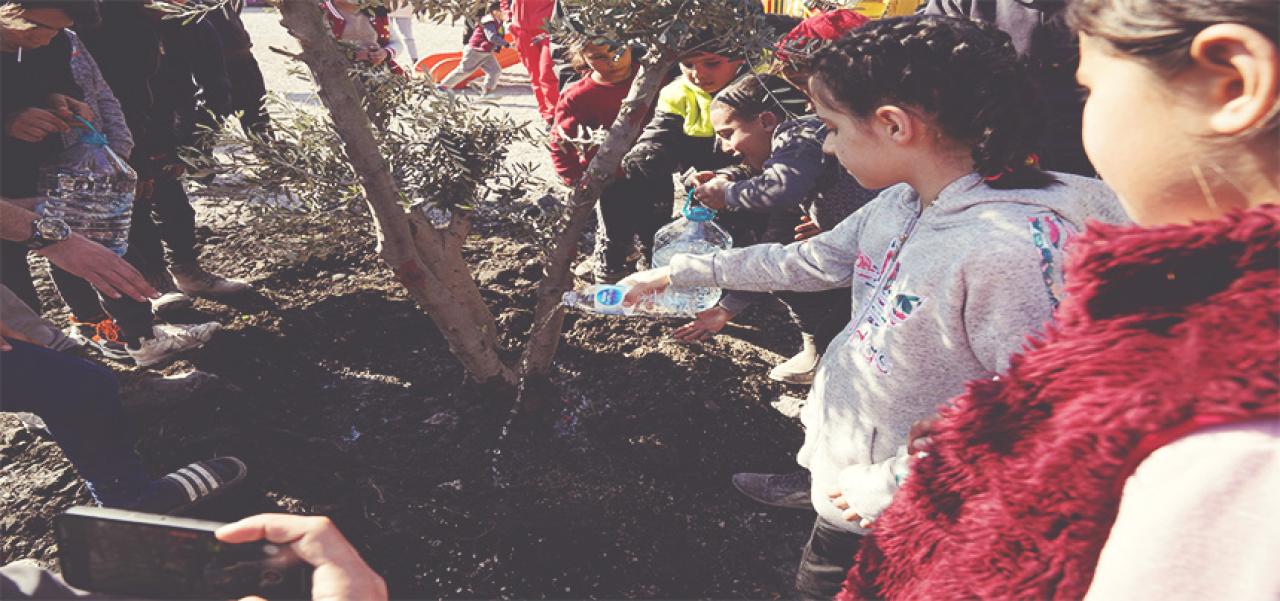 DEPREMZEDE ÇOCUKLAR ZEYTİN AĞAÇLARINA İLK CAN SUYUNU VERDİ
