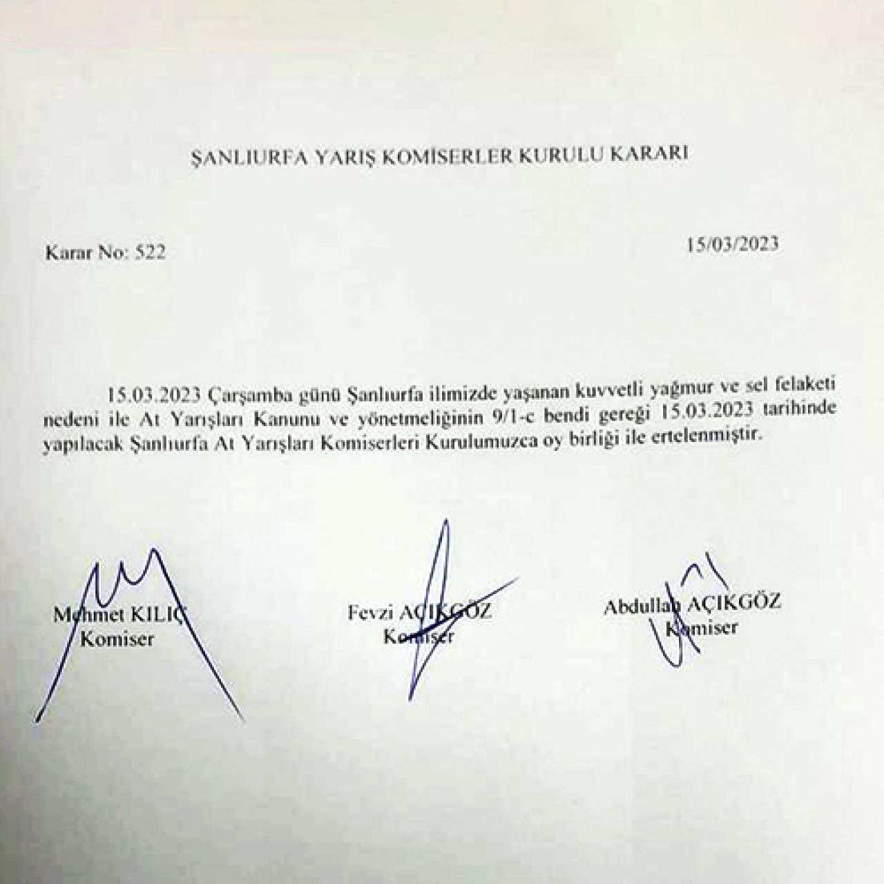 15 Mart Çarşamba Şanlıurfa yarışları ertelendi