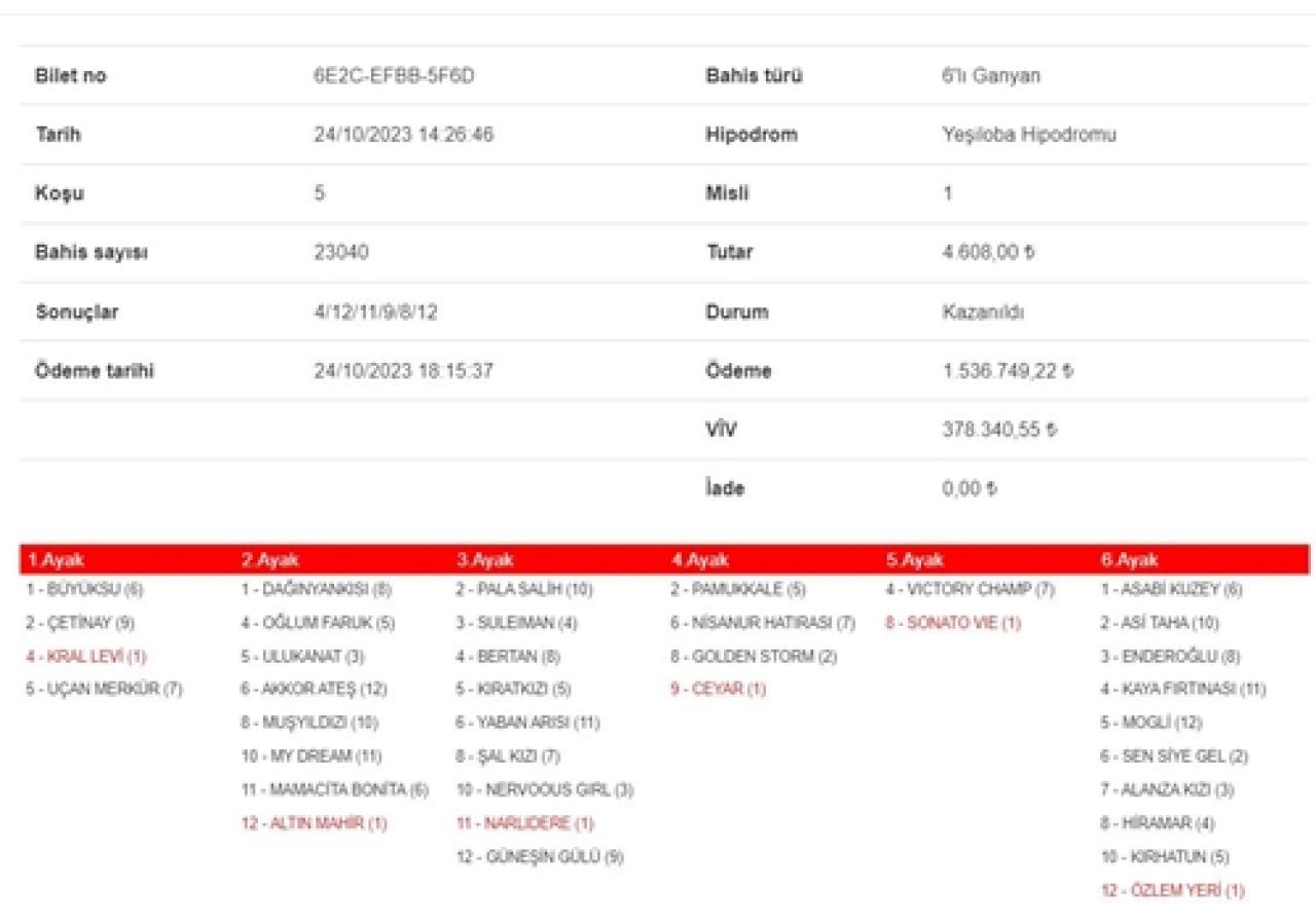 Adana’da 2. 6’lı Ganyan’ı 3 kişi bildi