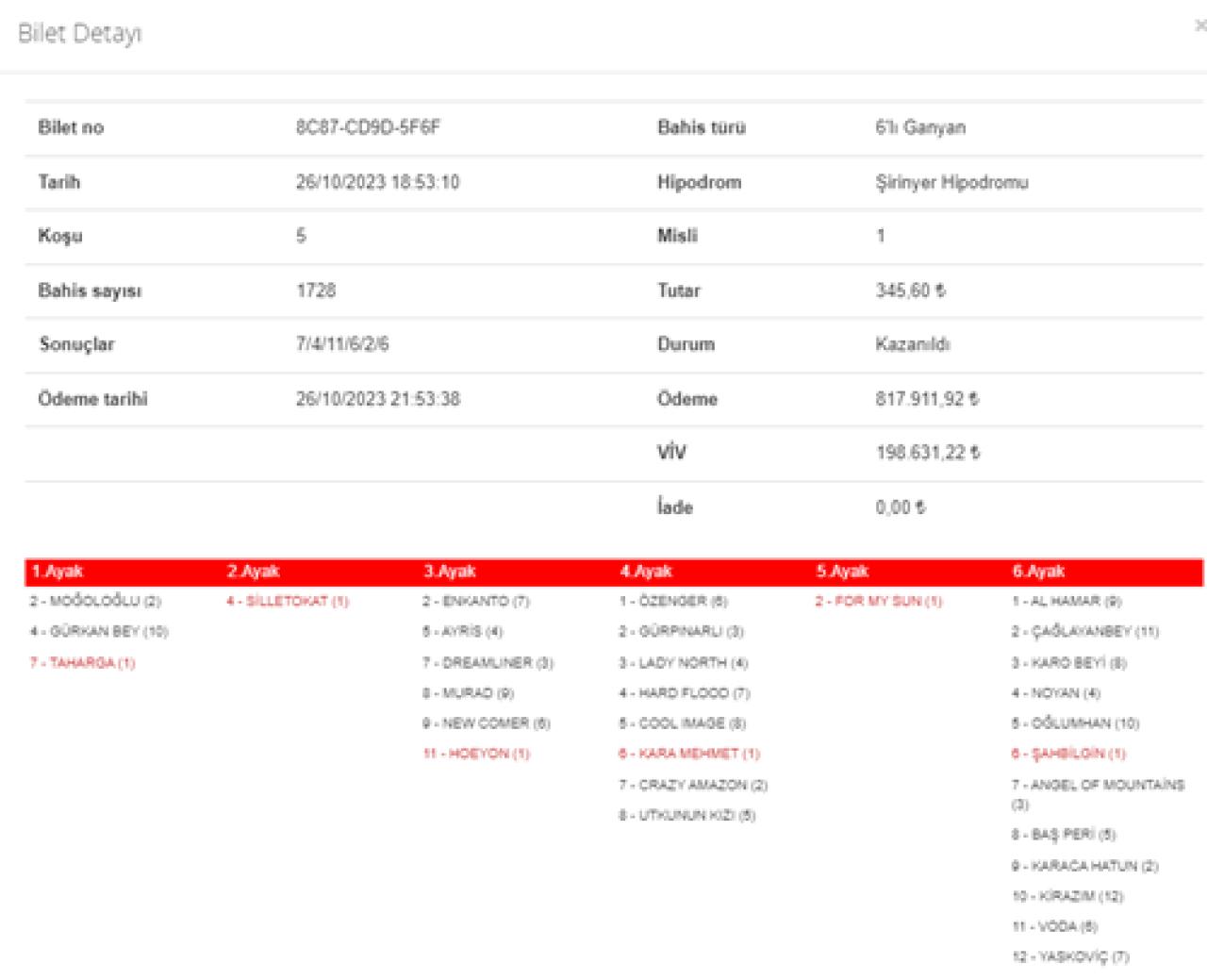 İzmir’de 2. 6’lı Ganyan’ı 7 kişi bildi