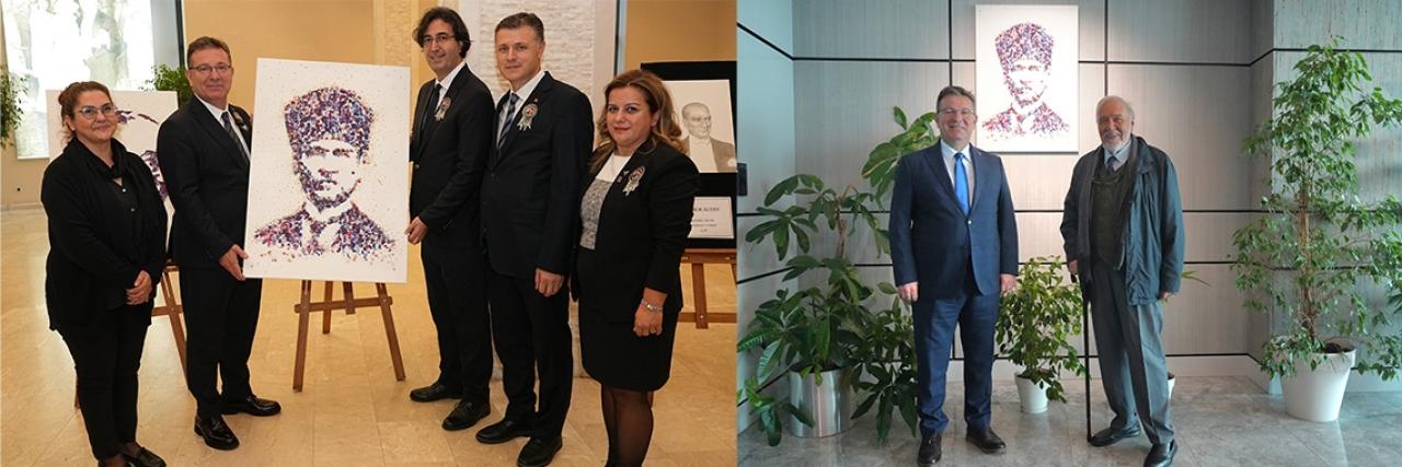 Başkan Aksu, hediye edilen kalpaklı Atatürk tablosunu makam odasına astı