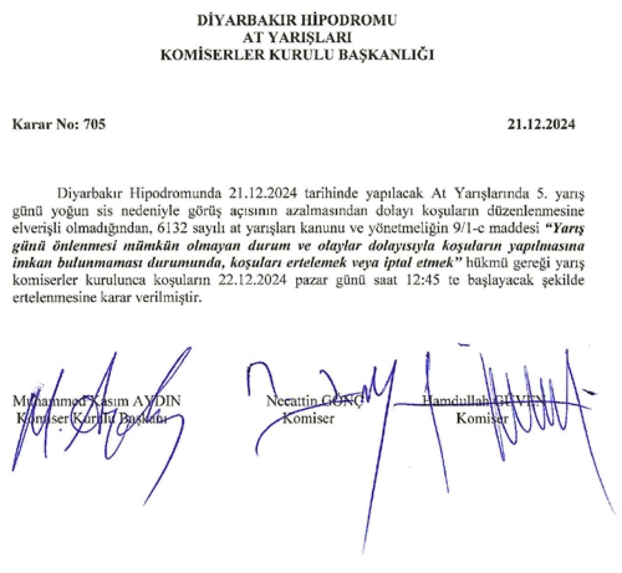 Diyarbakır yarışları 22 Aralık Pazar gününe ertelendi