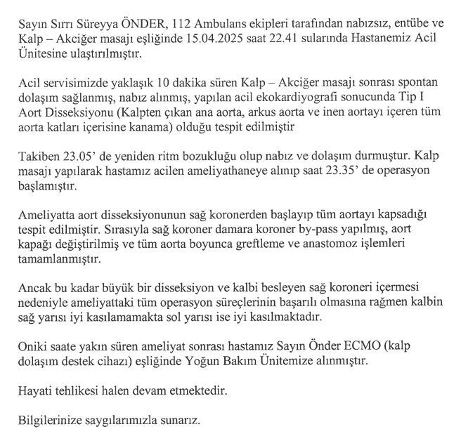 HASTANEDEN SIRRI SÜREYYA ÖNDER’İN SAĞLIK DURUMUNA İLİŞKİN AÇIKLAMA