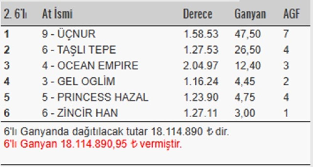 6’lı Ganyan’dan 1 kişiye 18.114.890 TL