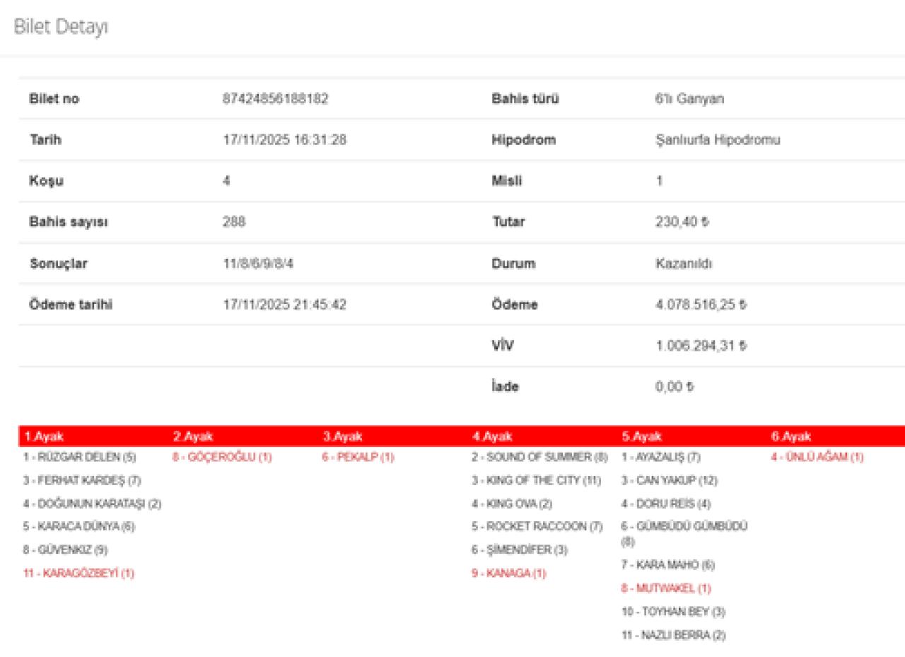 Şanlıurfa’da 2. 6’lı Ganyan’ı 3 kişi bildi