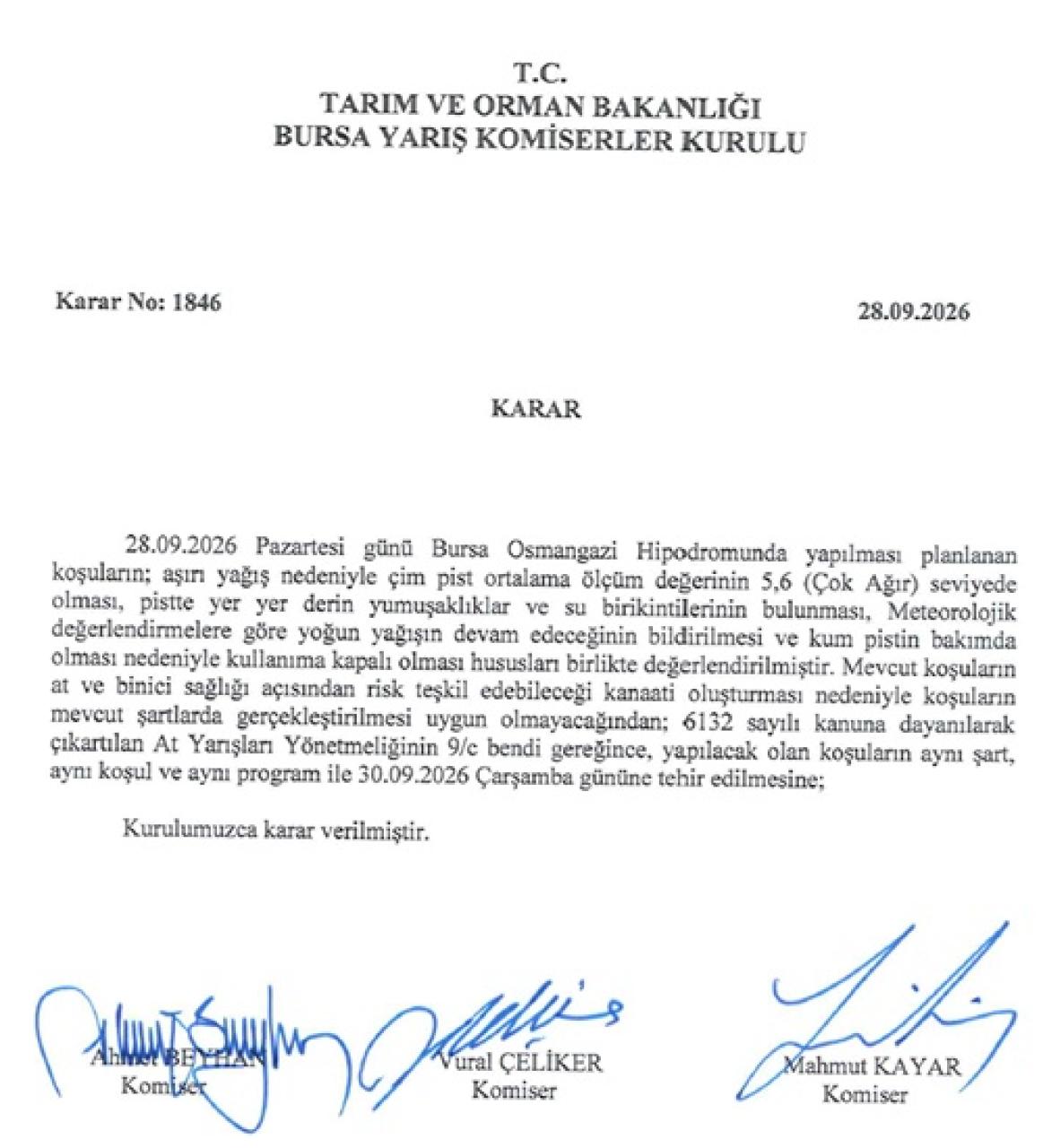 28 Eylül Pazartesi Bursa Yarışları 30 Eylül Çarşamba gününe ertelendi