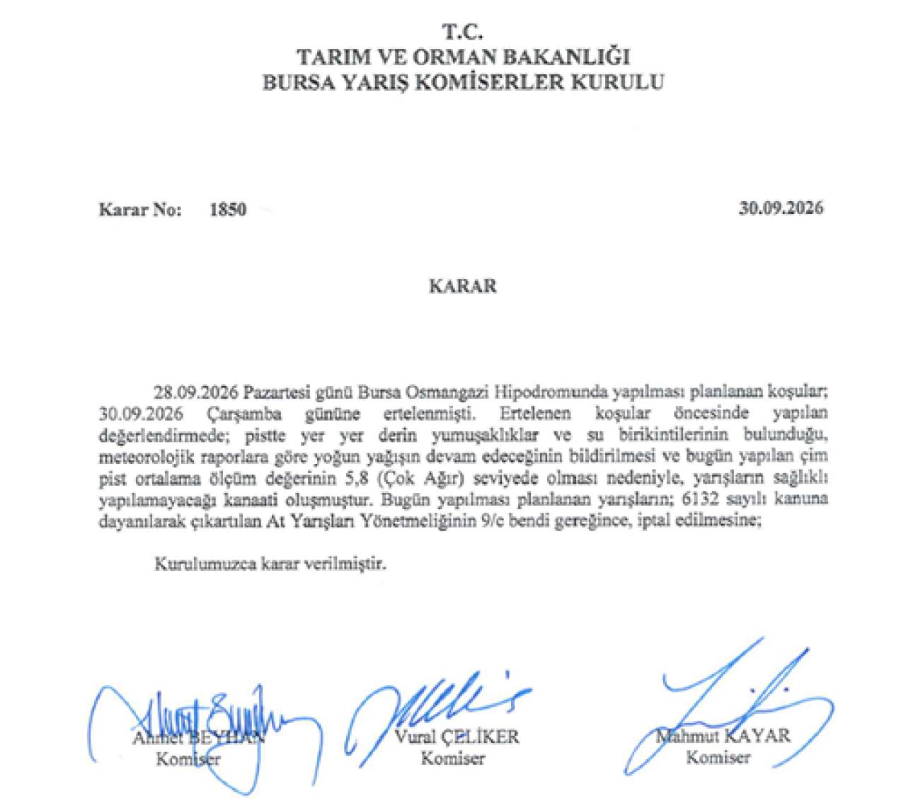 30 Eylül Çarşamba Bursa yarışları iptal edildi