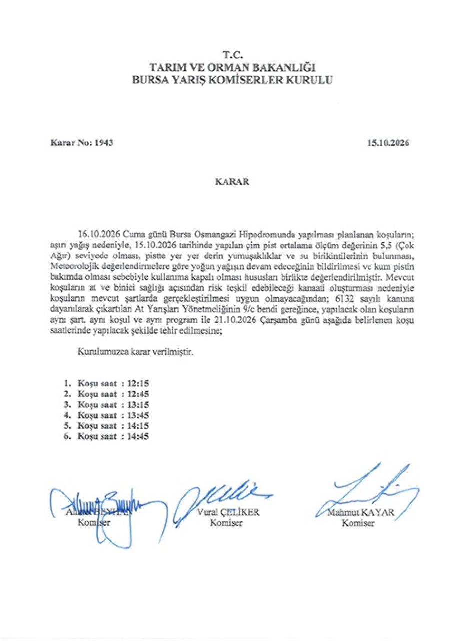 16 Ekim Cuma Bursa İdman Pisti programı