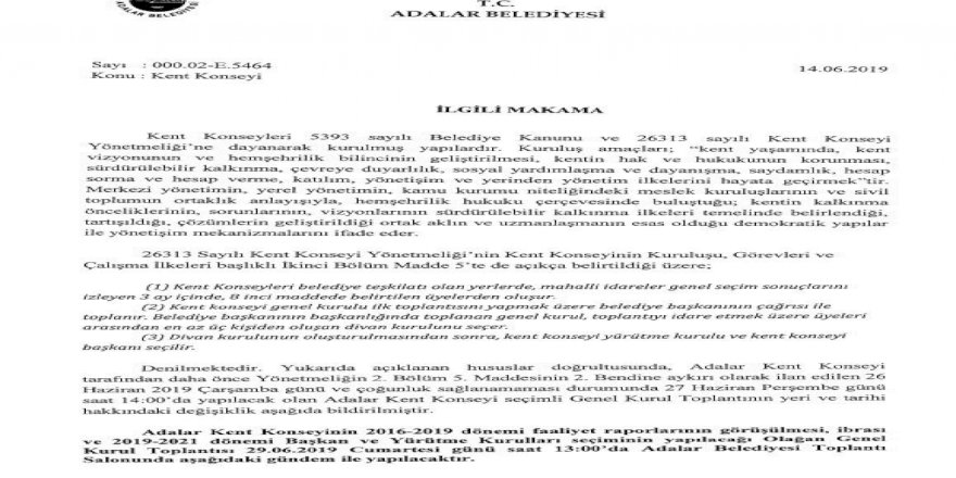 ADALAR KENT KONSEYİ SEÇİMLİ GENEL KURULU HAKKINDA DUYURU