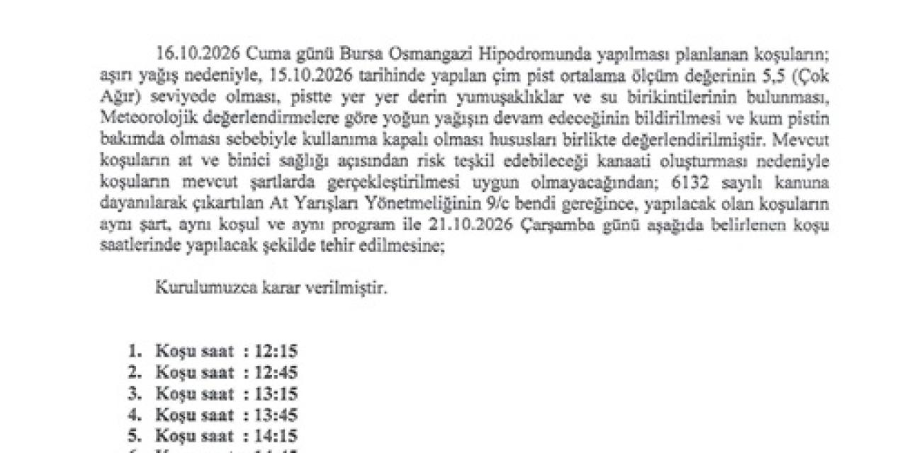16 Ekim Cuma Bursa İdman Pisti programı