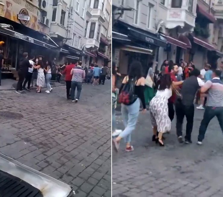 Taksim’de kadınlı ve erkekli kavga kamerada