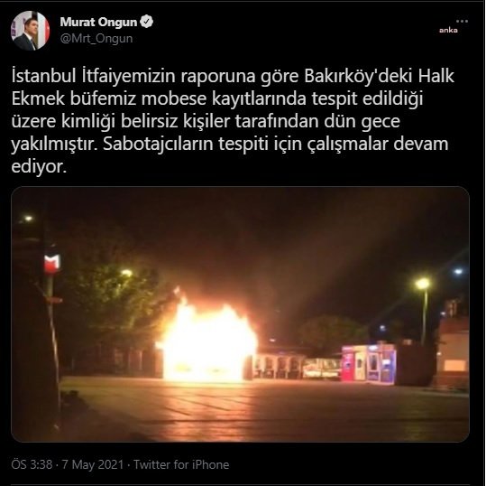 BAKIRKÖY'DE BİR HALK EKMEK BÜFESİ YANDI. İBB YANGININ SABOTAJ KAYNAKLI OLDUĞUNU DUYURDU