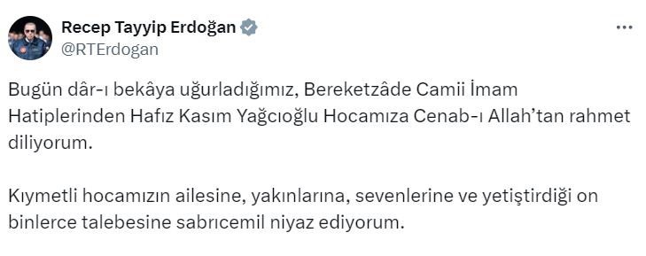 CUMHURBAŞKANI ERDOĞAN, KASIM YAĞCIOĞLU’NIN CENAZE TÖRENİNE KATILDI