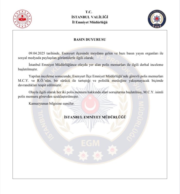 ESENYURT’TA, TRAFİKTE ARAÇ SÜRÜCÜSÜYLE TARTIŞAN POLİS MEMURU GÖREVDEN UZAKLAŞTIRILDI