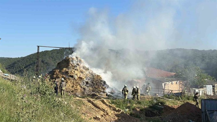 ARNAVUTKÖY’DE AHIRLARIN YANINA İSTİFLENMİŞ SAMAN BALYALARI ALEV ALEV YANDI