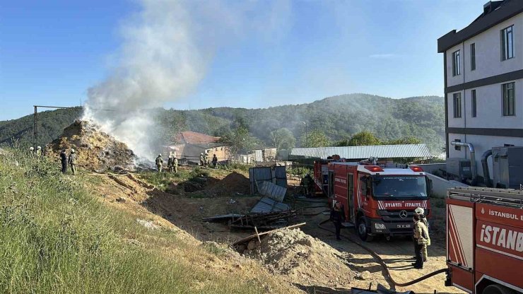 ARNAVUTKÖY’DE AHIRLARIN YANINA İSTİFLENMİŞ SAMAN BALYALARI ALEV ALEV YANDI